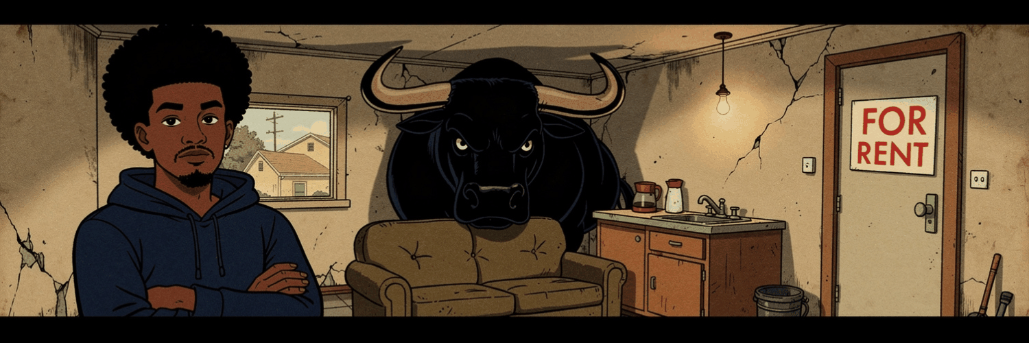 a young man stands arms crossed in a cracked apartment, a huge black bull looming behind him, a FOR RENT sign taped to the door
